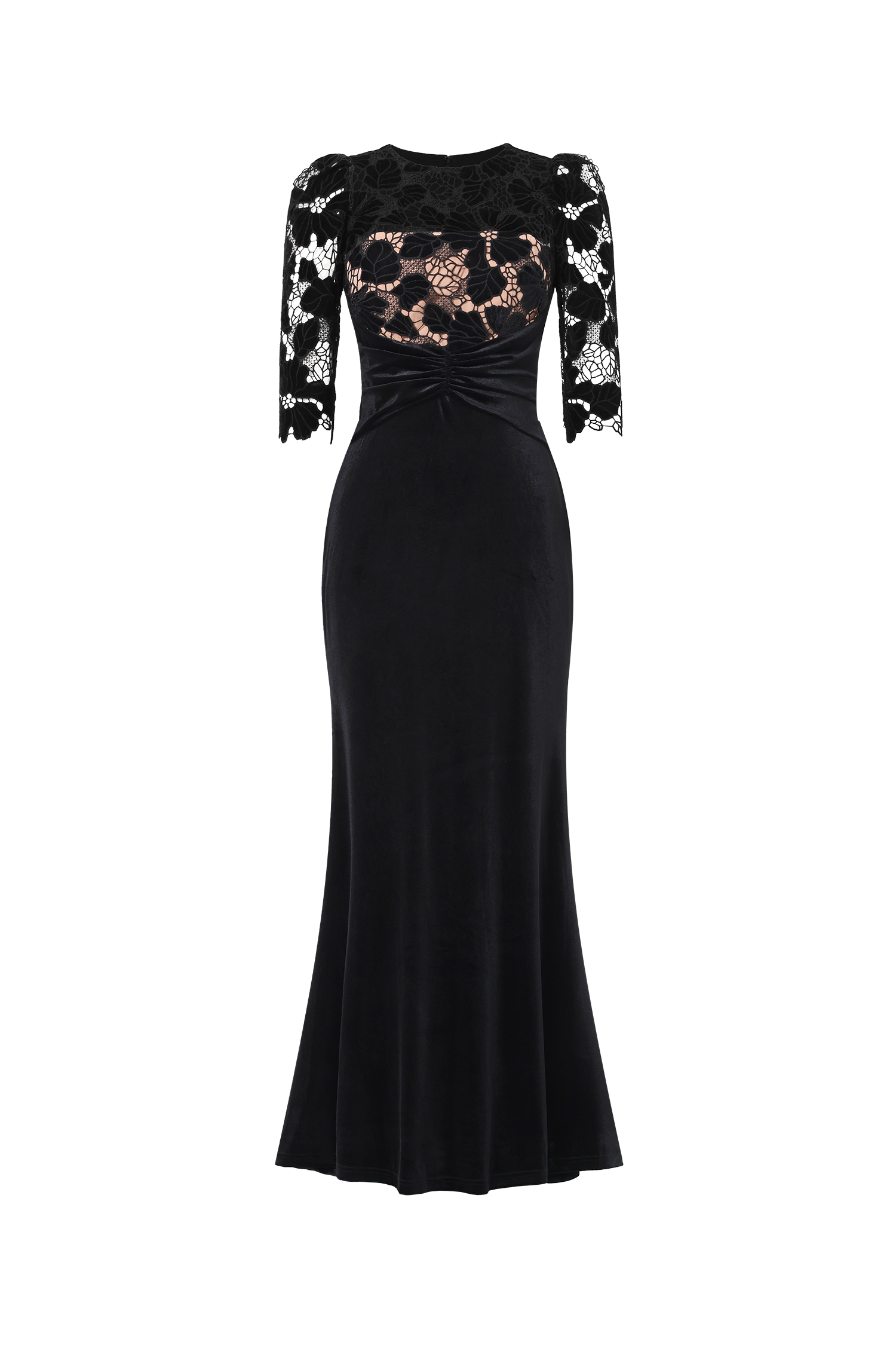 Koper Elegant Contour Half Sleeve Lace Velvet Maxi Dress