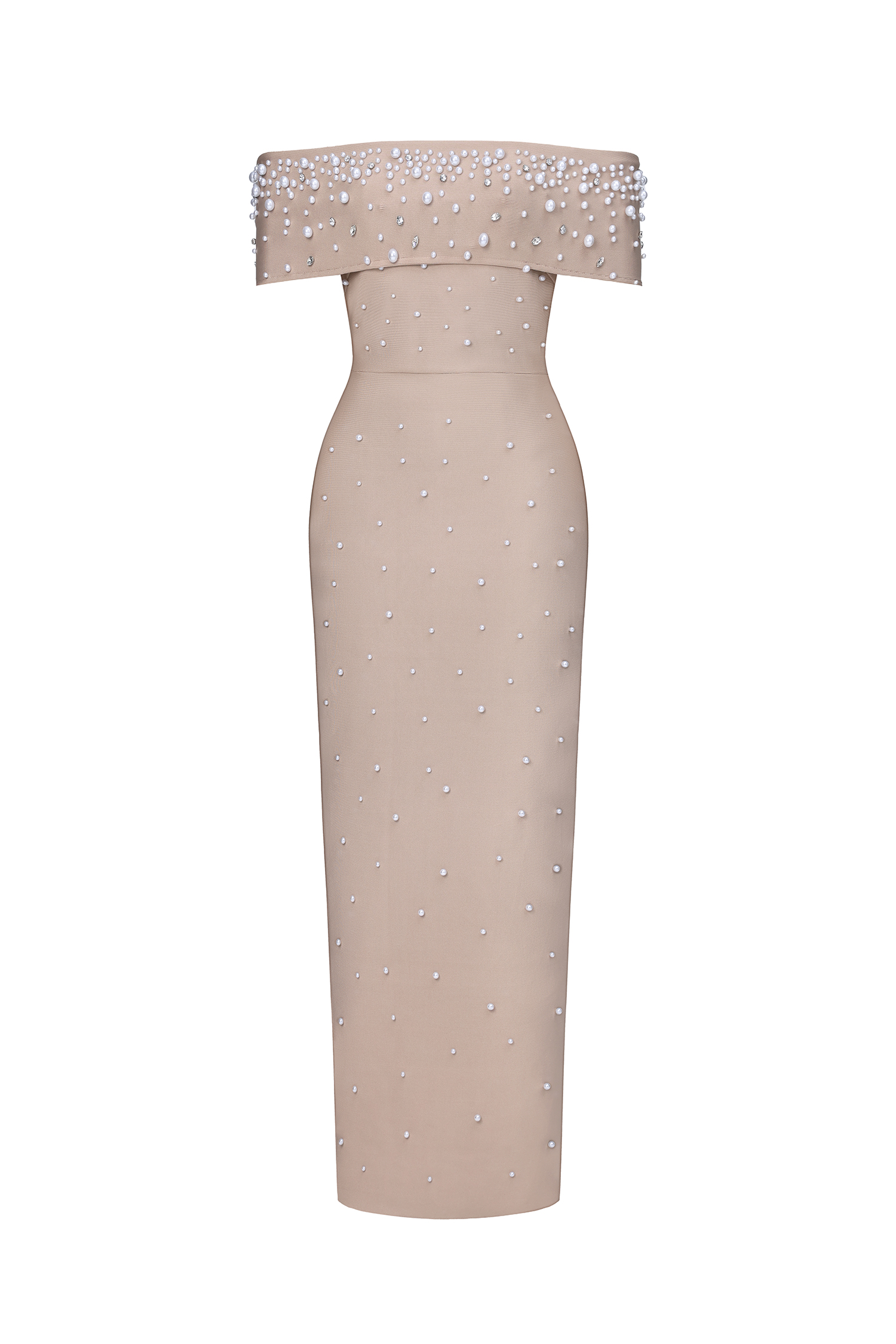 Isme Elegant Contour Off Shoulder Pearl Rhinestone Bandage Maxi Dress