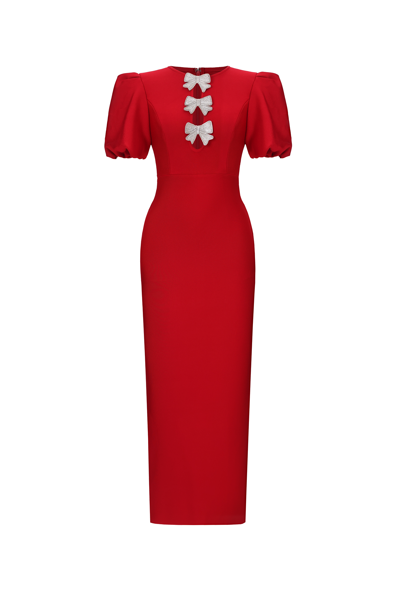 Lazze Romantic Contour Puff Sleeve Bow Bandage Maxi Dress