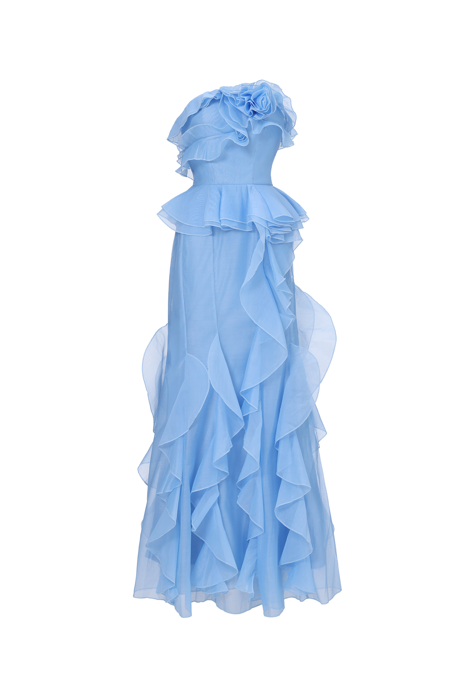 Deirdre Romantic Flowy Strapless Asymmetric Ruffle Floral Maxi Dress