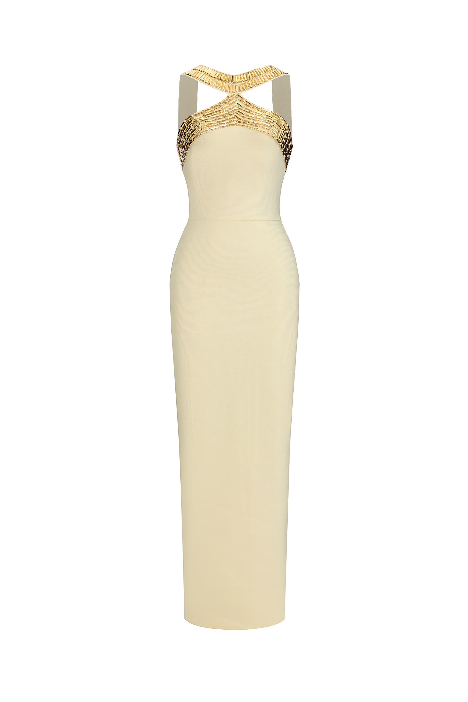 Riza Chic Contour Halter Rhinestone Bandage Yellow Maxi Dress
