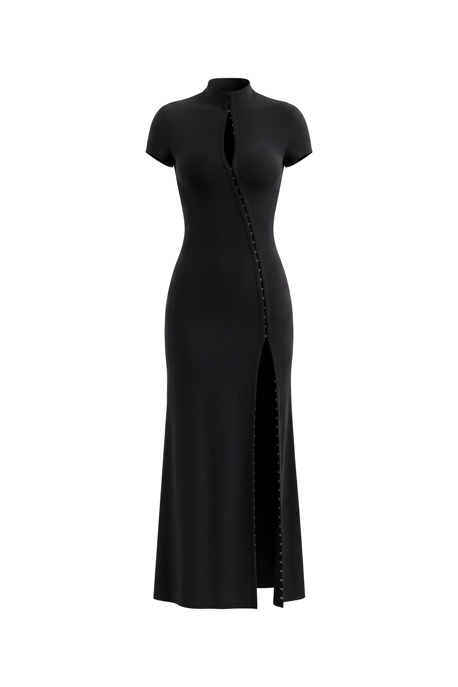 Saturn Chic Contour Short Sleeve Zipper Front Cut Out Knit Maxi Dress