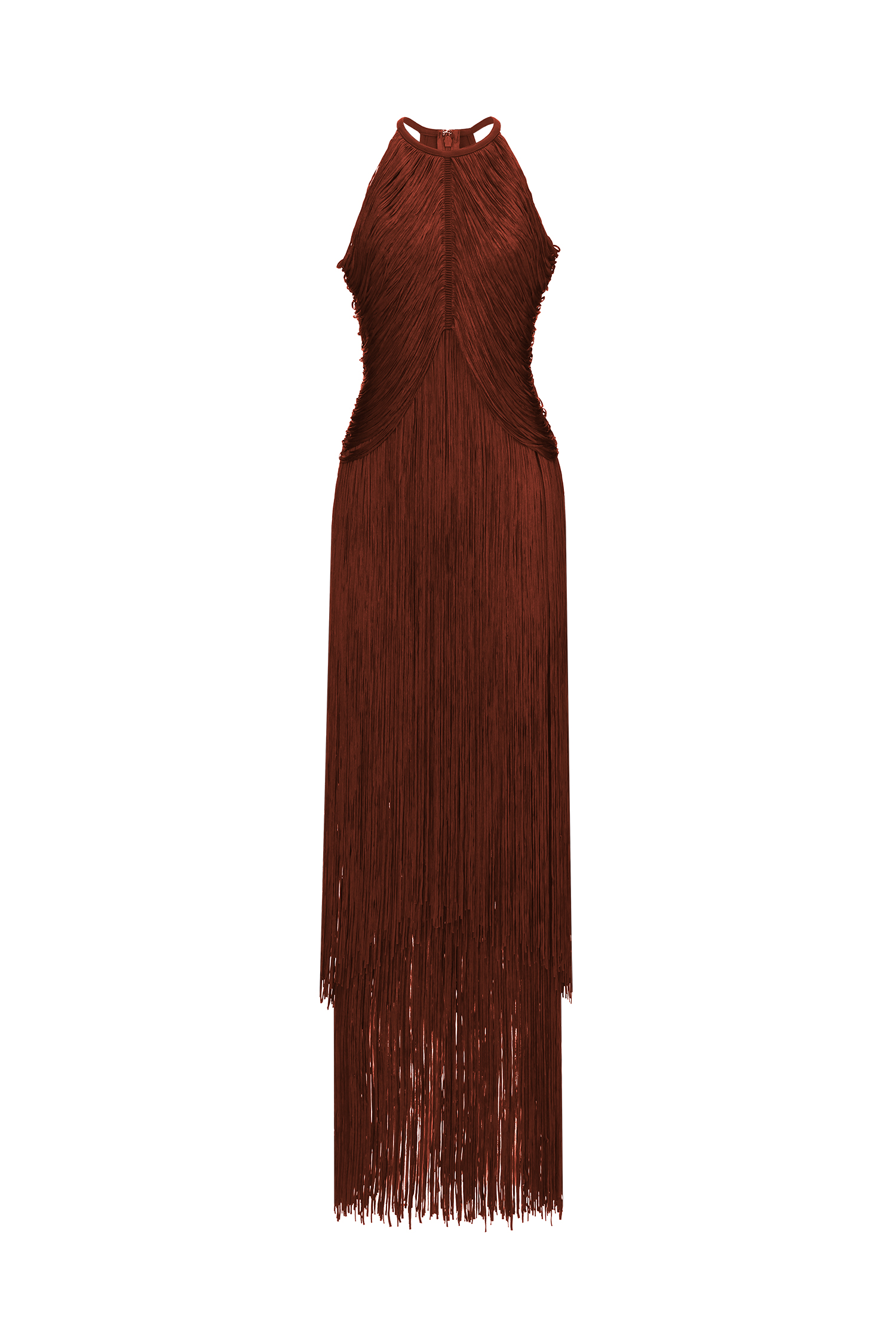 Taye Classic Contour Halter Fringe Bandage Red Maxi Dress
