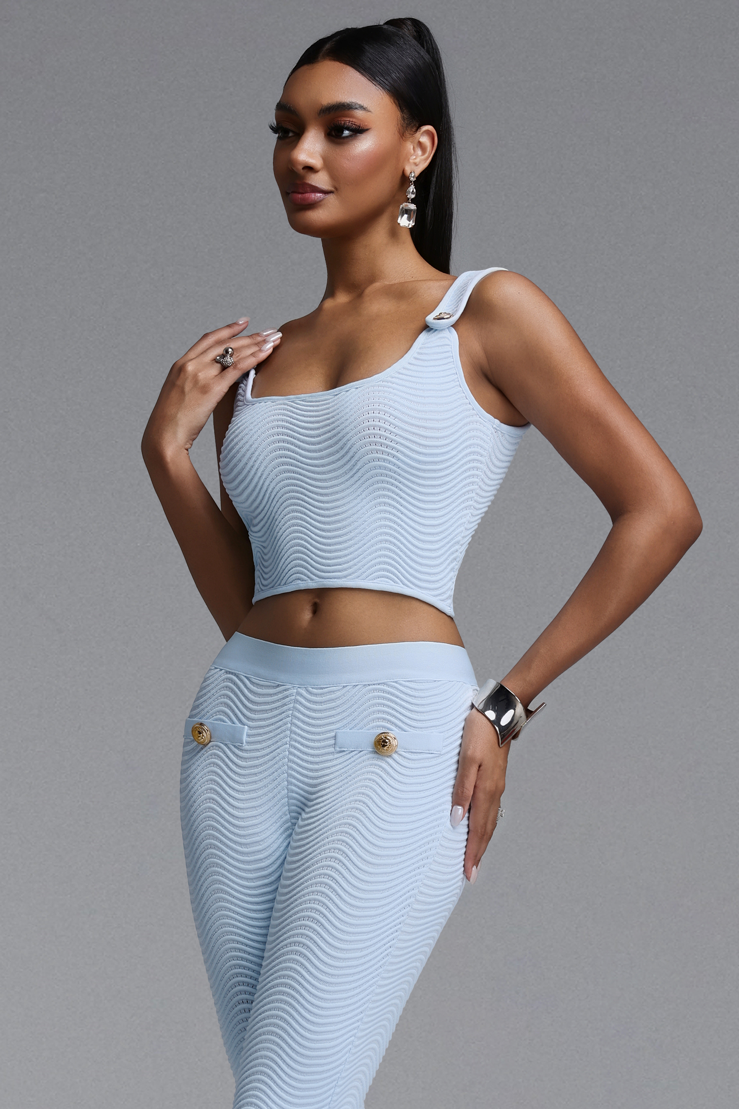 Vivienne Chic Gerade Schultereffekt Ärmelloses Quadrat-Ausschnitt Wellenstrick Blau Oberteil und Hose Set
