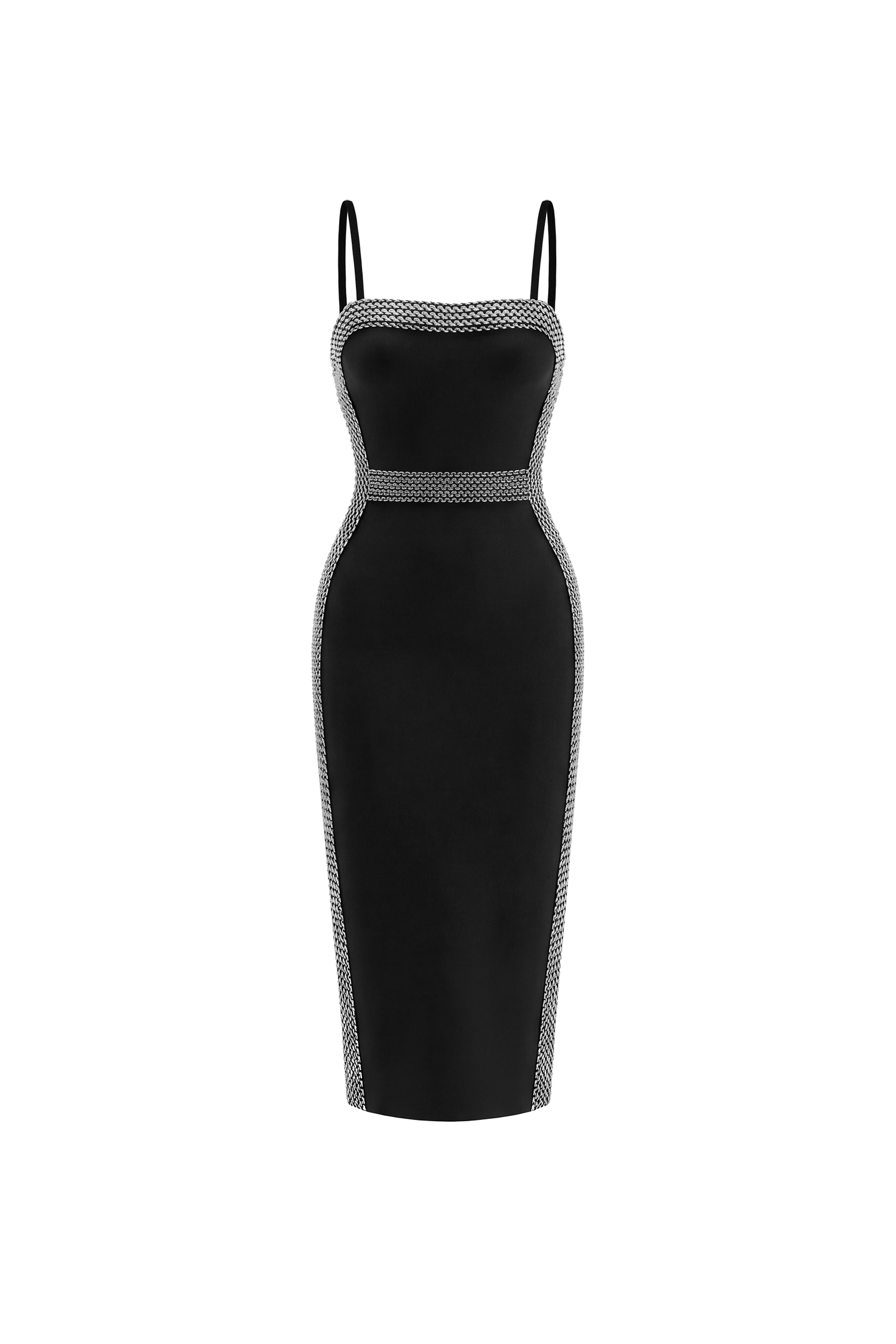Lestie Minimalist Contour Straight Neck Silver Trim Woven Bandage Midi Dress
