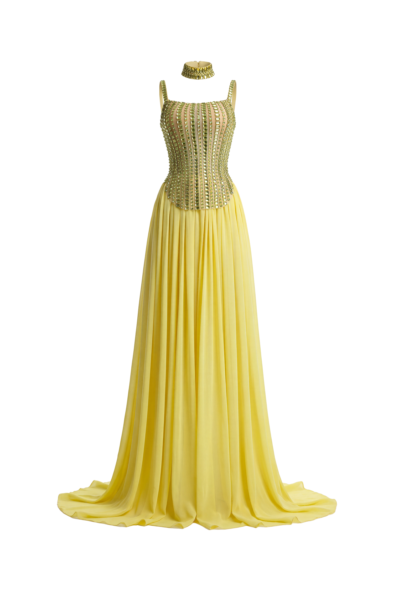Sareza Elegant Waist-Cinching Square Neck Thin Strap Choker Rhinestone Fitted Flowy Chiffon Train Maxi Evening Dress