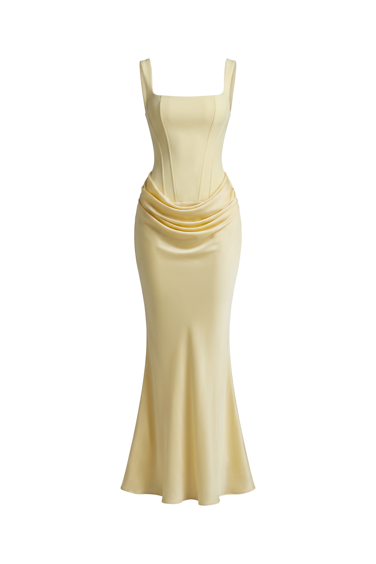 Winey Elegant Waist-Cinching Square Neck Thin Strap Boned Fitted Draped Ruched Satin Mermaid Maxi Evening Dress