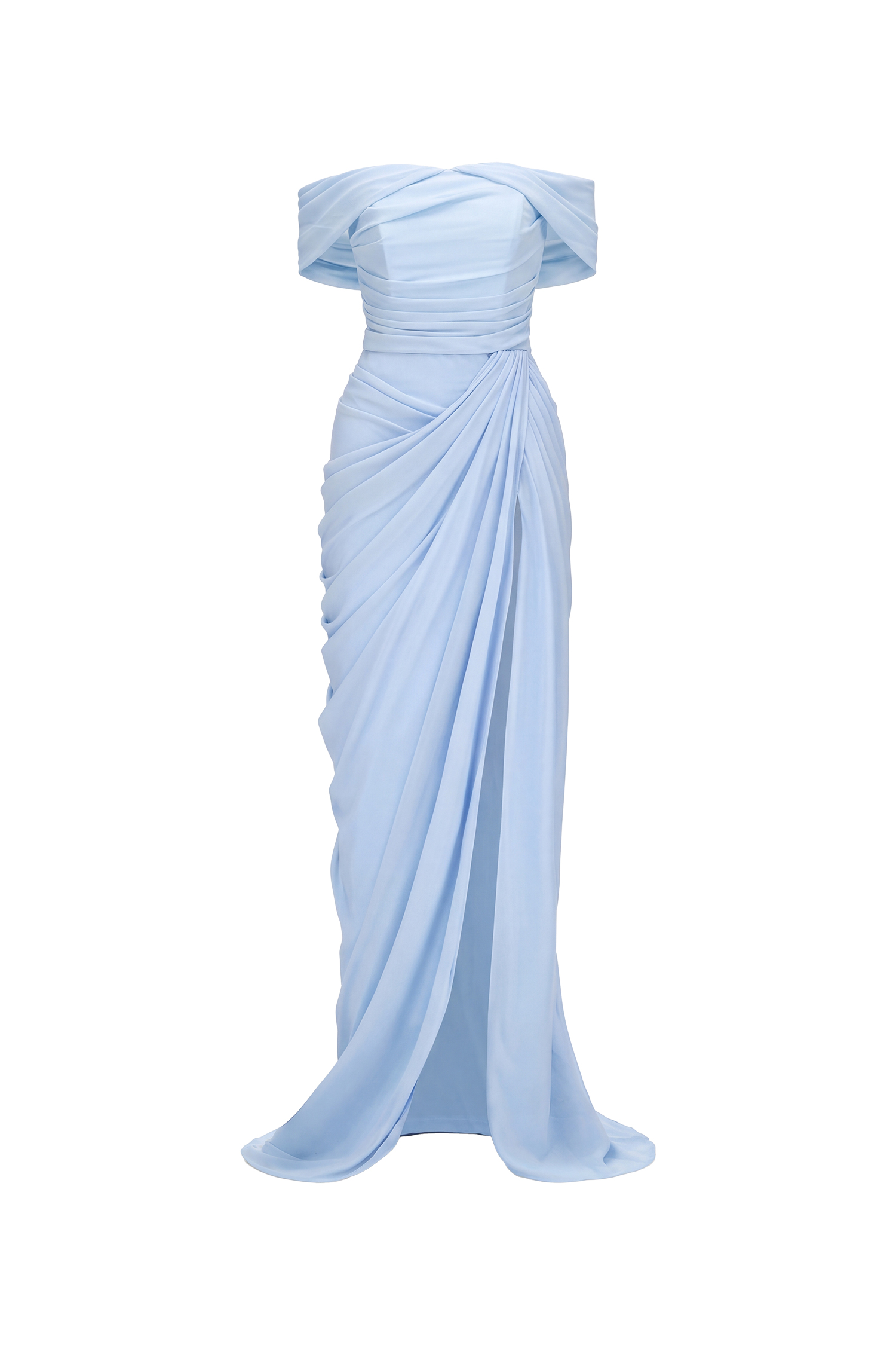Tazeda Elegant Contour Off Shoulder Ruched Slit Mesh Maxi Dress