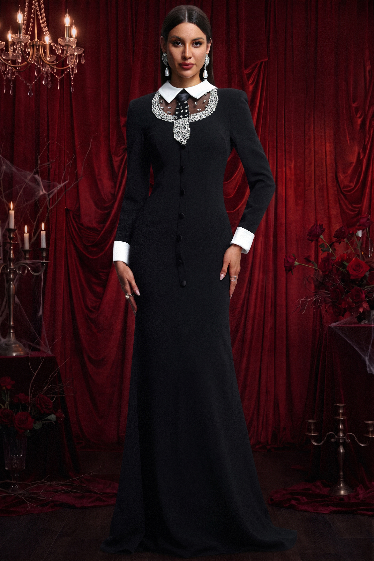 Vallea Classic Luxurious Long Sleeve Lapel Rhinestone Embellished Woven Maxi Dress