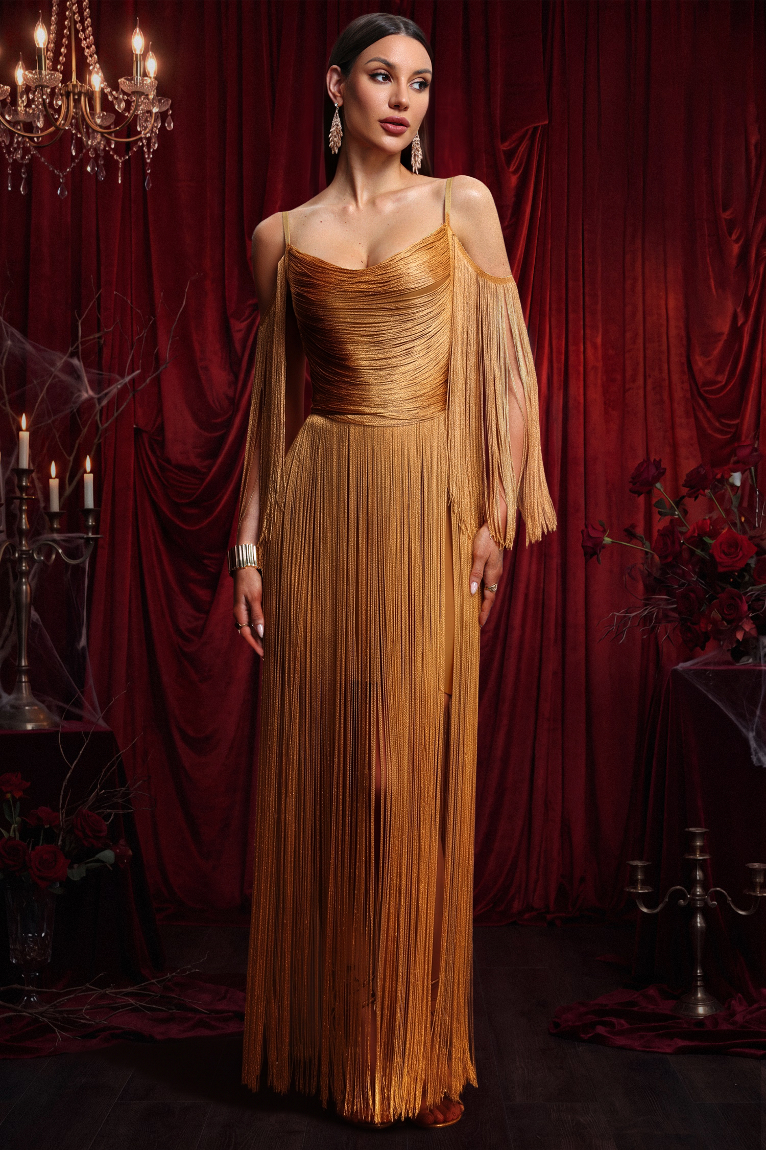 Lexi Sophisticated Spaghetti Strap Tassel Bandage Maxi Dress