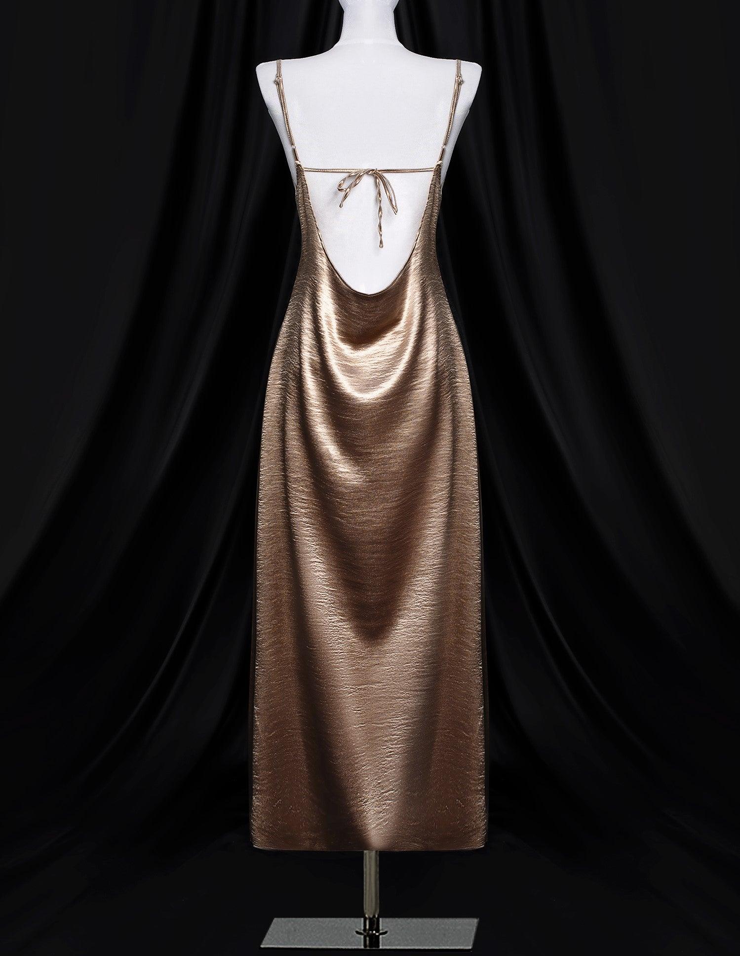 Metallic Gold Satin Party Dress - Bellabarnett