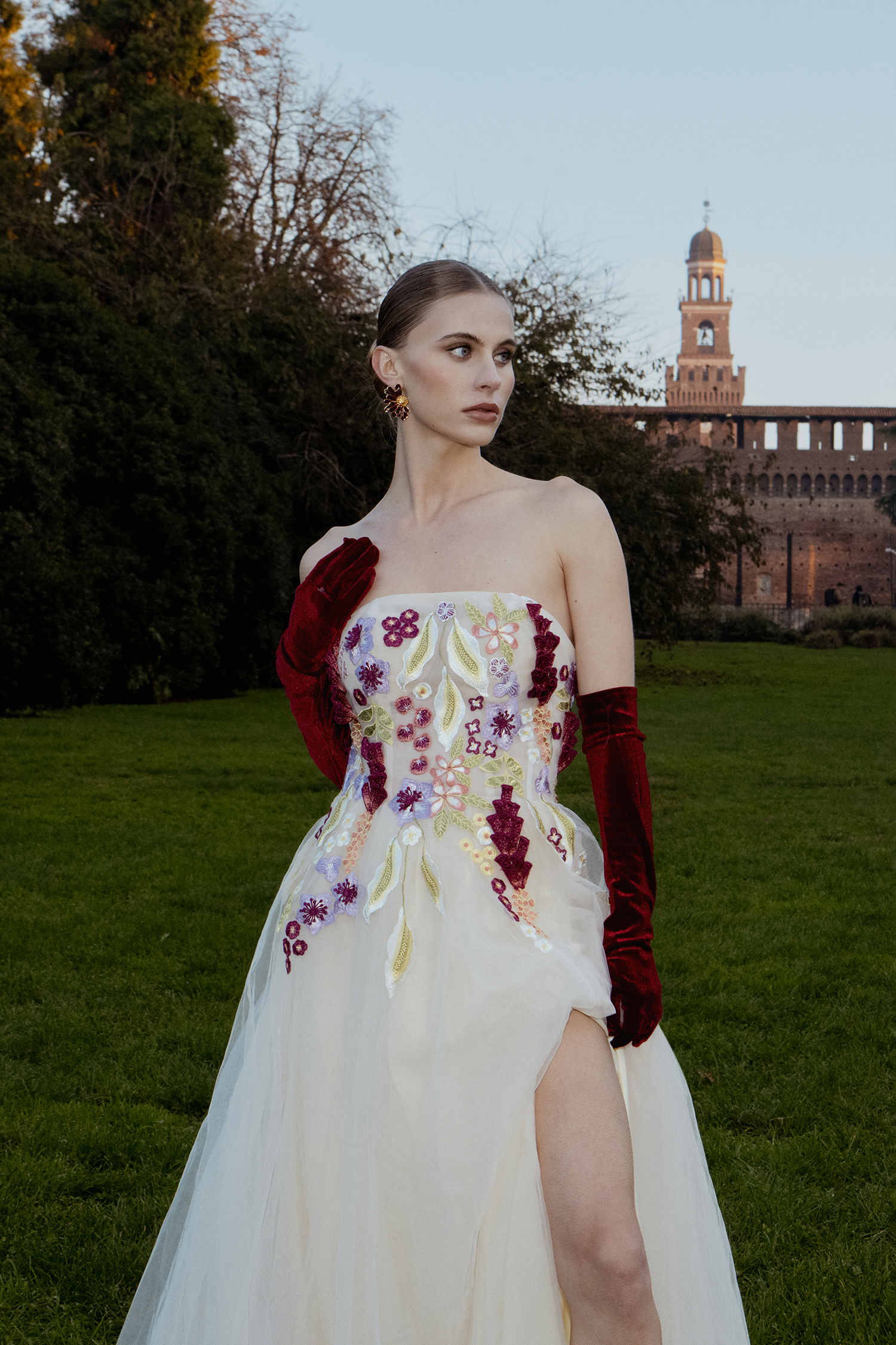 Rikiny Strapless Floral Embroidered High Slit Maxi Dress