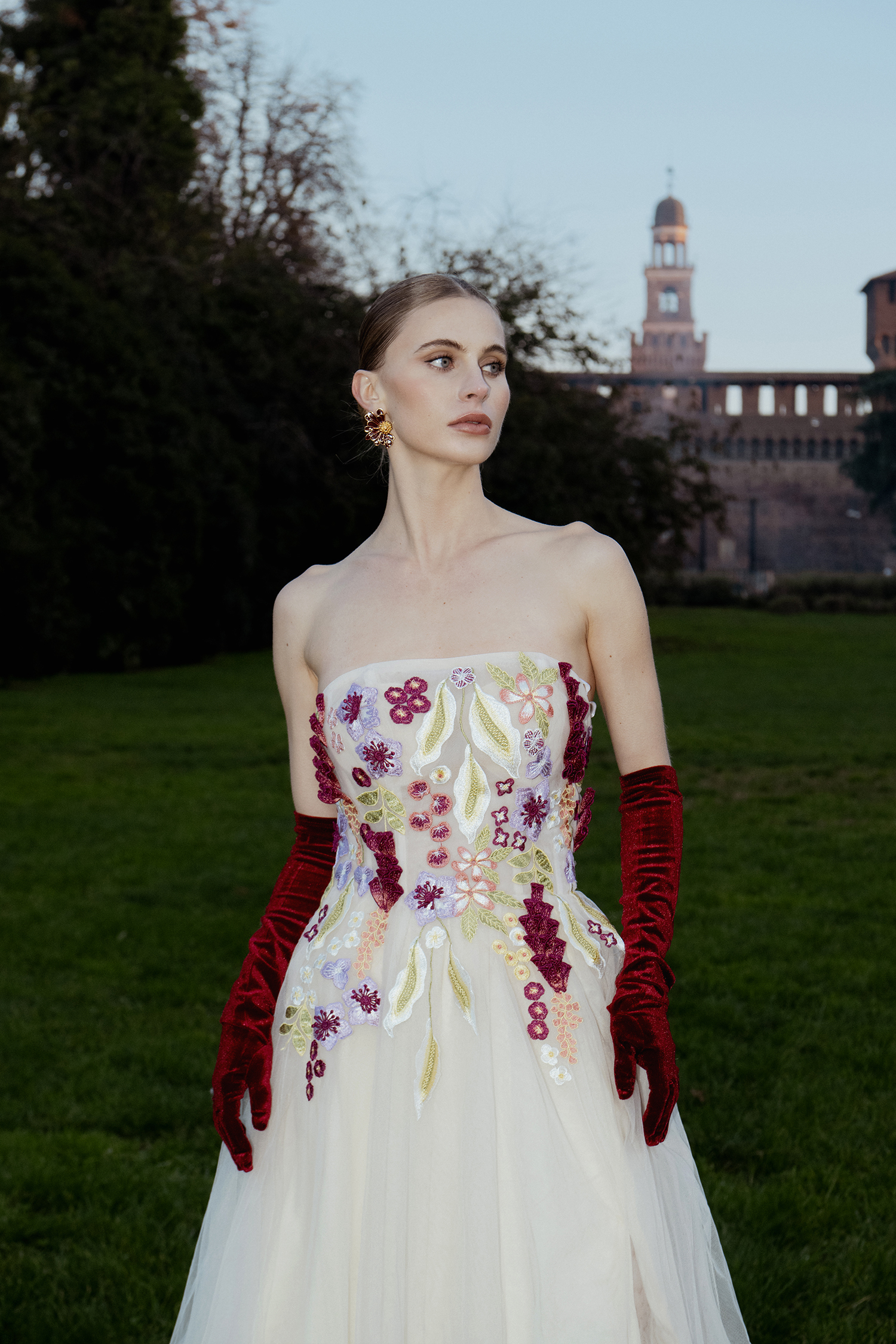 Rikiny Strapless Floral Embroidered High Slit Maxi Dress