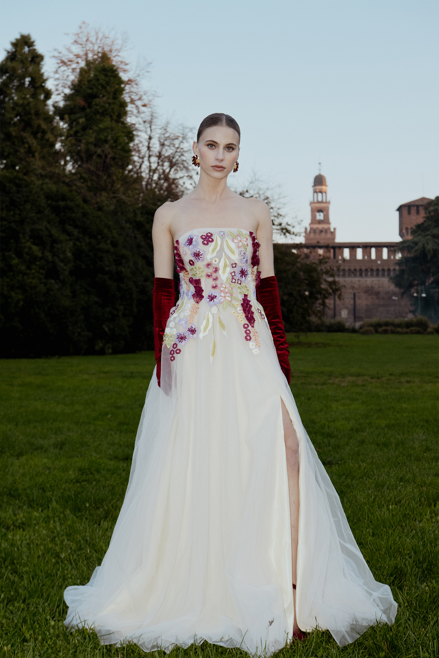 Rikiny Strapless Floral Embroidered High Slit Maxi Dress