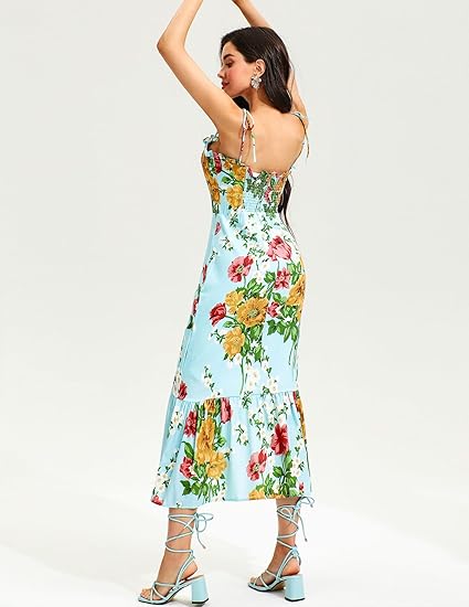 Floral Cami Lace Up Ruched Backless Midi Dress