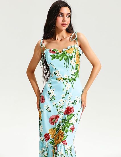 Floral Cami Lace Up Ruched Backless Midi Dress