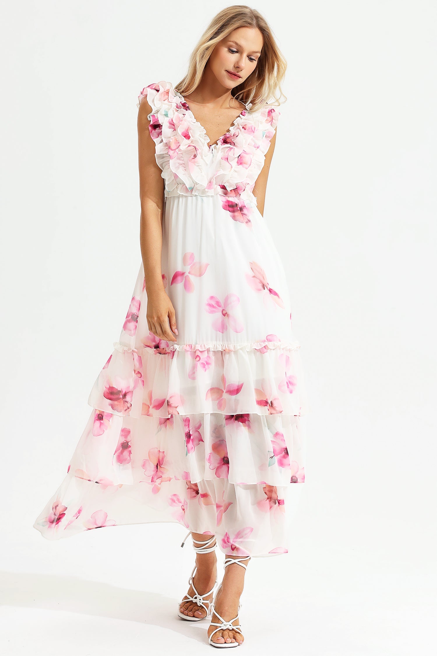 Floral V-Neck Lace Up Backless Tiered Ruffle Hem Maxi Dress