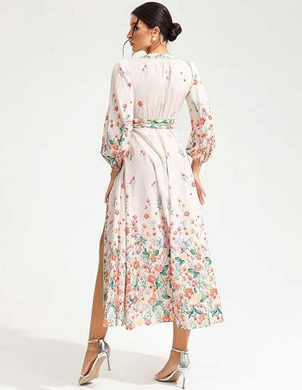 Floral Long Sleeve V-Neck Lace Up Midi Dress