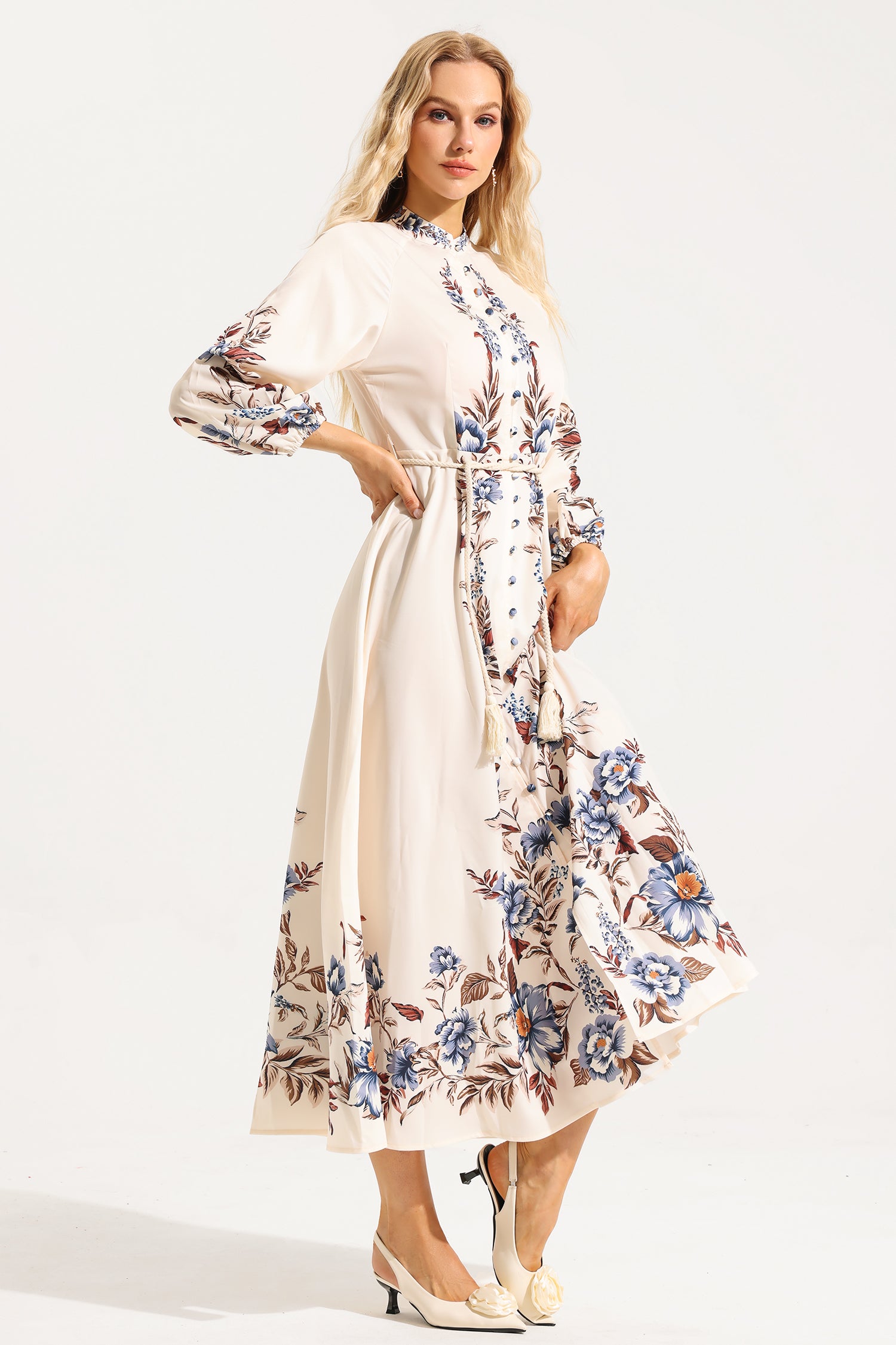 Floral Lantern Sleeve Stand Collar Lace Up Midi Dress