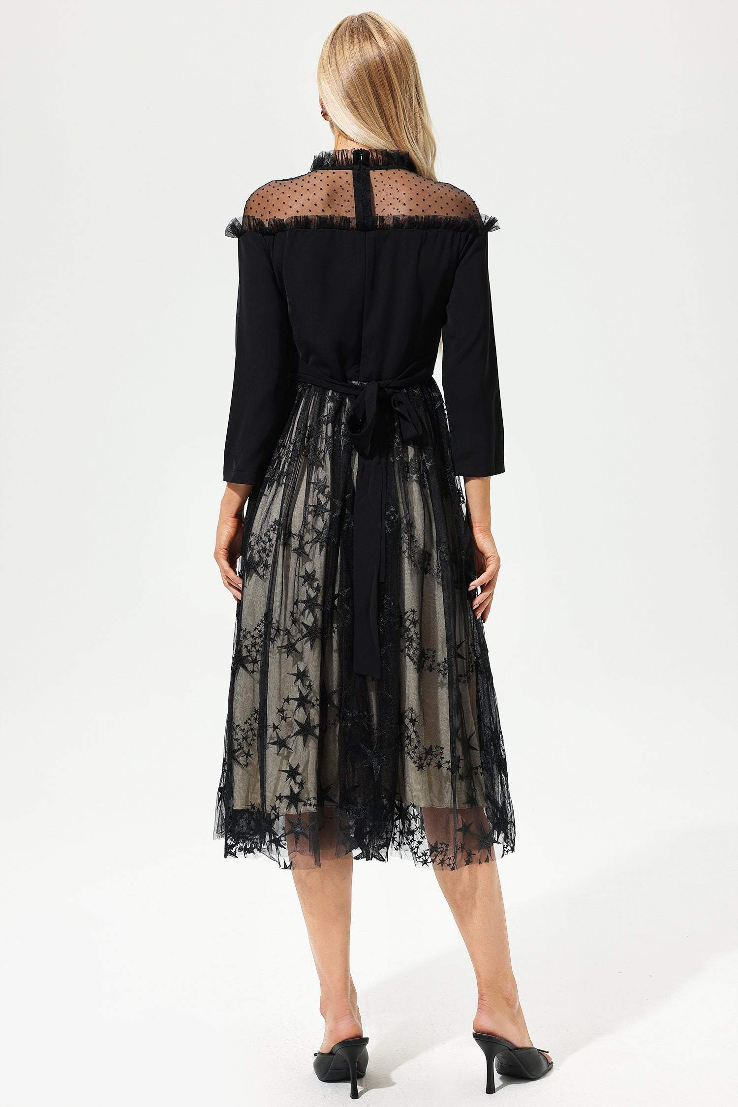 Black Long-sleeved Crew Collar Lace Patchwork Embroidered Midi Dress