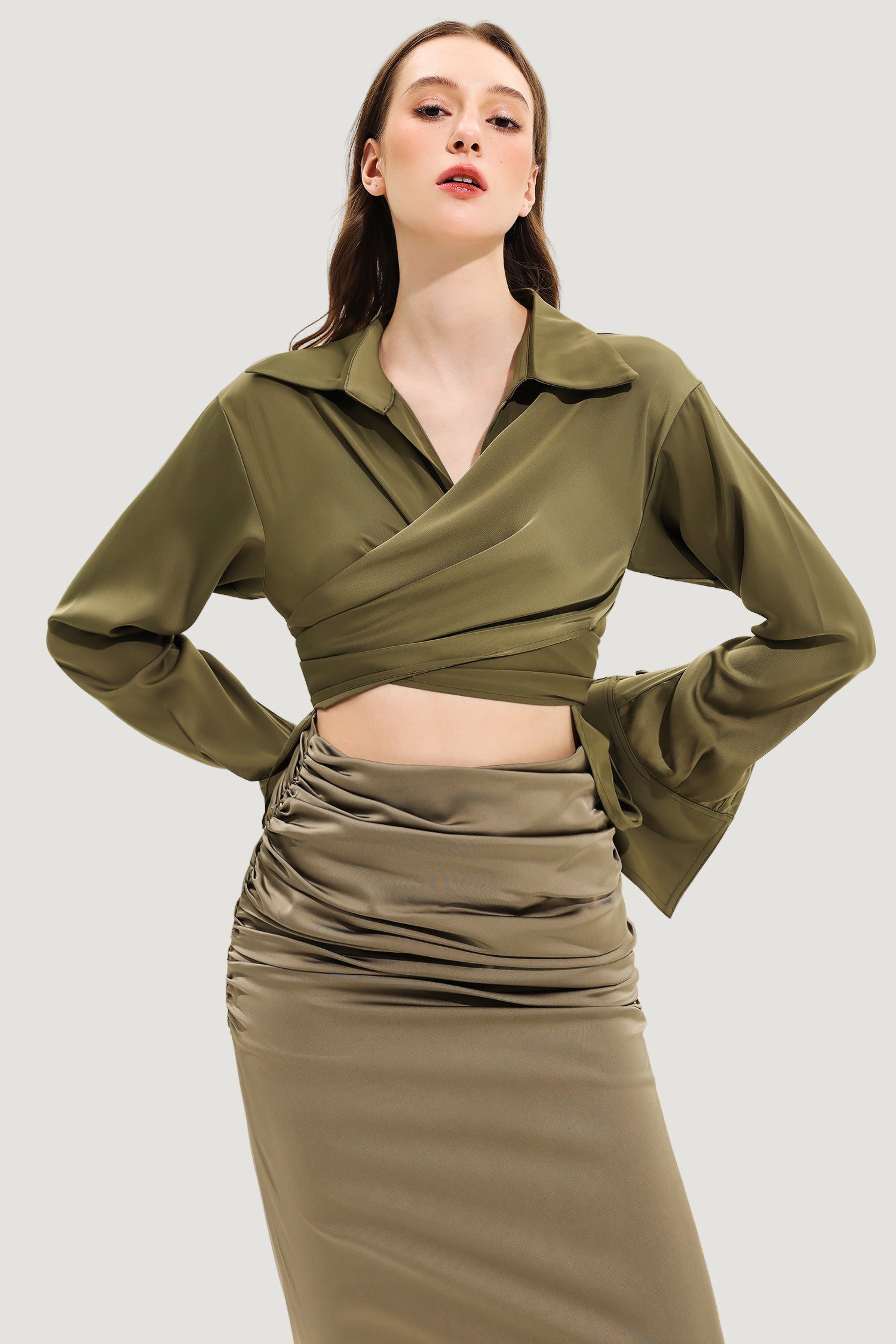 Long Sleeve Lapel Wrapped Silk Shirt Maxi Dress Set Olive