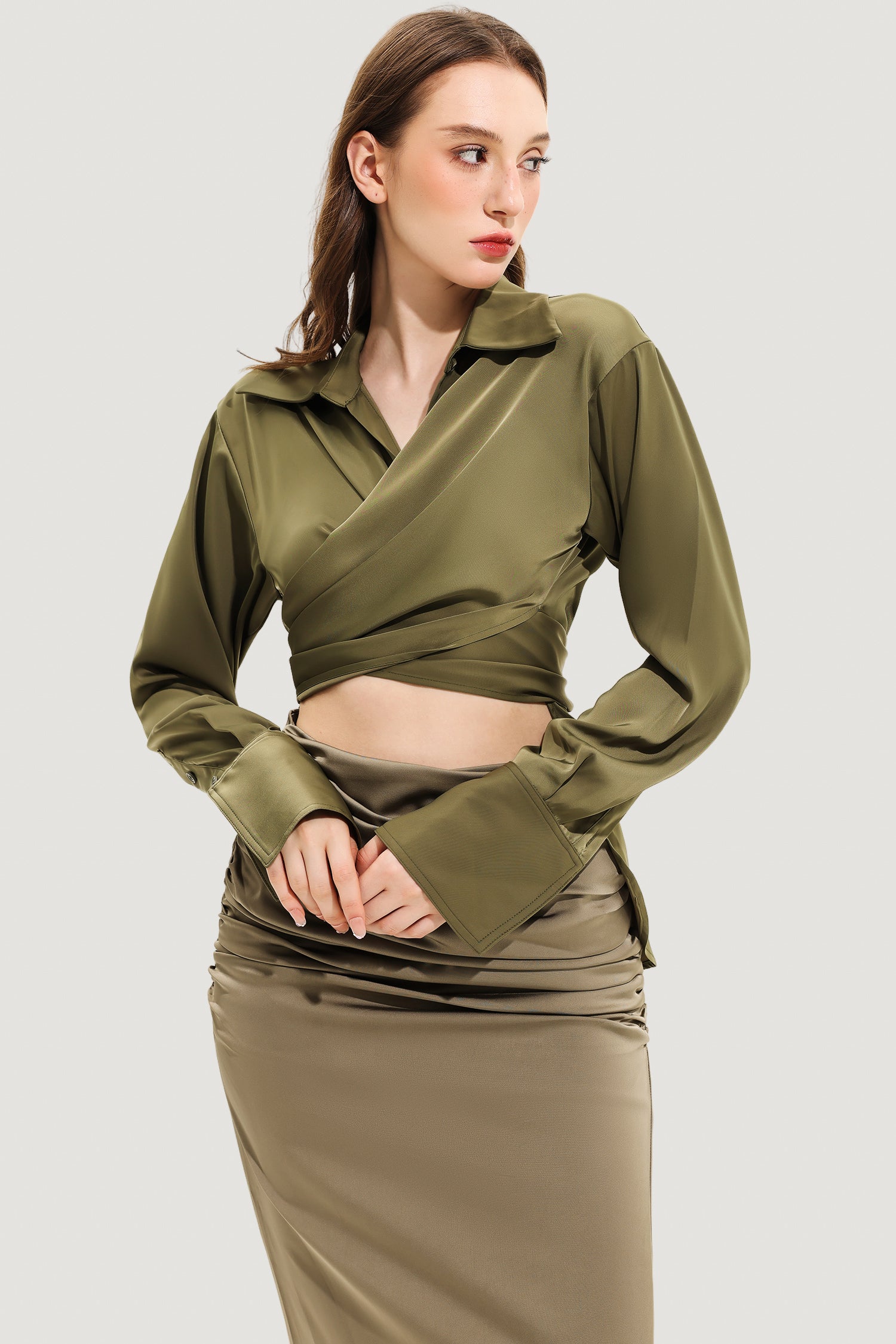 Long Sleeve Lapel Wrapped Silk Shirt Maxi Dress Set Olive