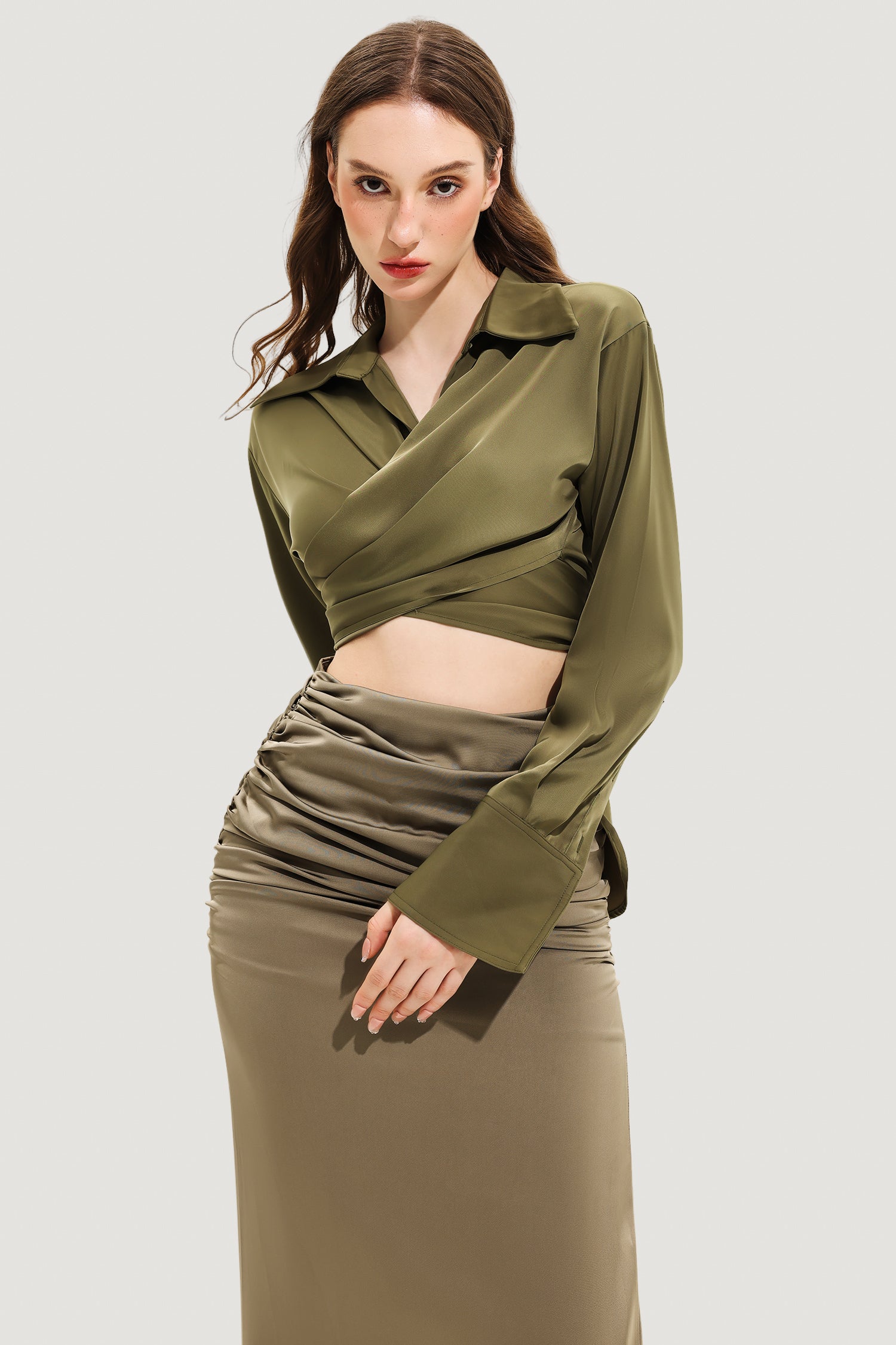Long Sleeve Lapel Wrapped Silk Shirt Maxi Dress Set Olive