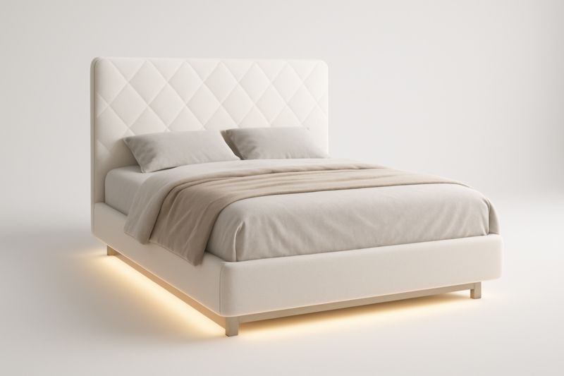 Letto Matrimoniale con Testata Imbottita in Tessuto e Illuminazione LED-Darovinal