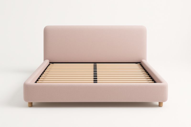 Letto matrimoniale in tessuto rosa con struttura in legno-Darovinal