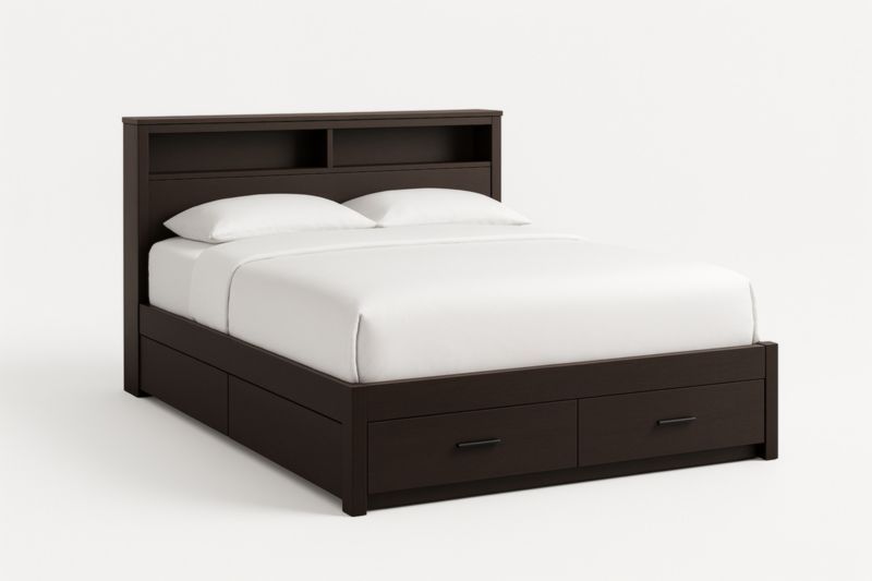 Letto matrimoniale in legno con cassetti e mensole-Darovinal