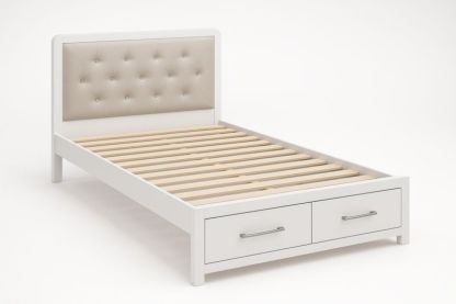 Letto Singolo Contenitore in Legno Bianco con Testiera Imbottita Beige e Cassetti-Darovinal