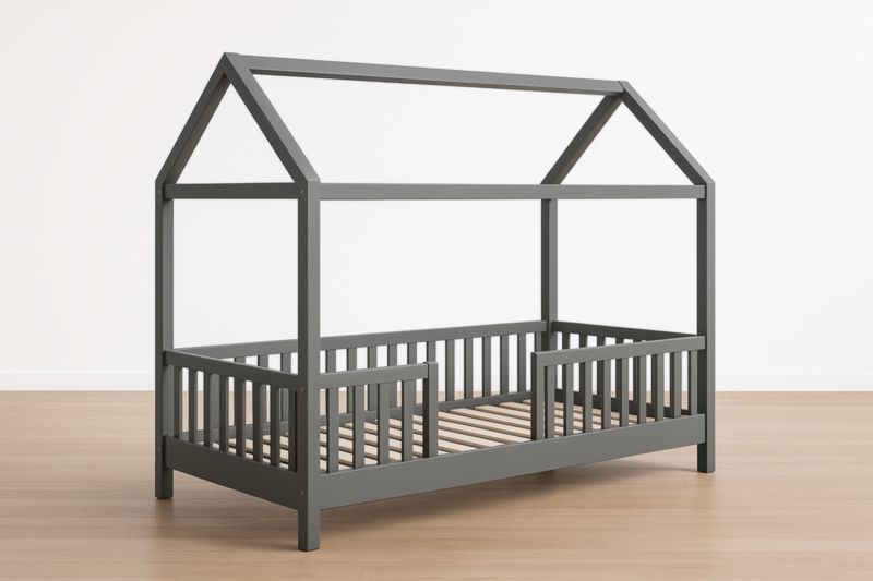Letto per bambini forma di casa in legno grigio 200x90 cm-Darovinal