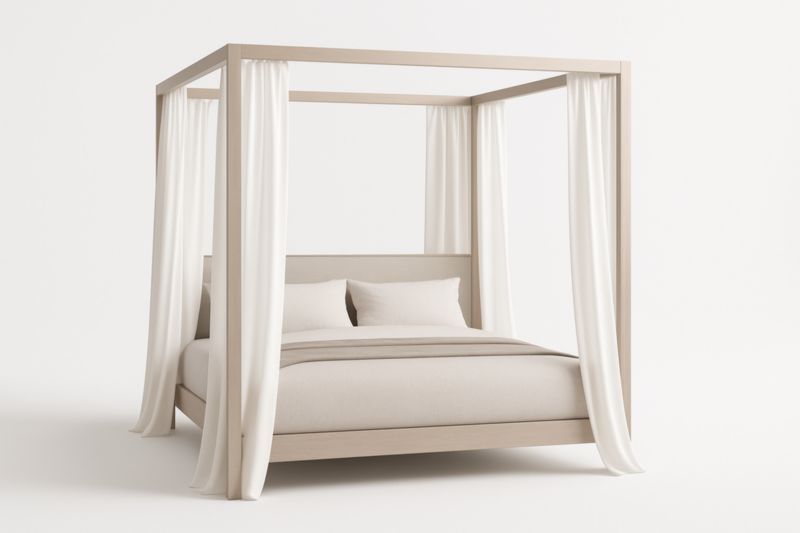 Letto a baldacchino in legno chiaro con tende bianche-Darovinal