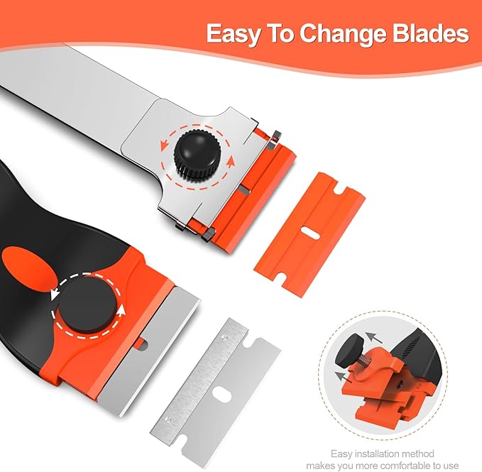 3er-Pack Rasierklingen-Schaberset, enthält 30 Kunststoff- und 30 Metallklingen, Mehrzweckwerkzeug für Glas, Kochfeld, Aufkleberentfernung, Farb- und Kaugummireinigung (Orange)
