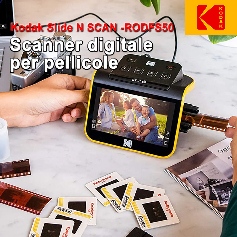Scanner per pellicole, diapositive e negativi digitali Kodak che converte diapositive e negativi a colori e in bianco e nero da 35 mm, 126 mm e 110 mm in foto digitali JPEG ad alta risoluzione da 22 megapixel.