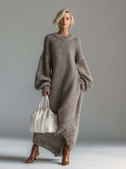Elegant Urban Silhouette Round Neck Heathered Khaki Knitted Maxi Dress