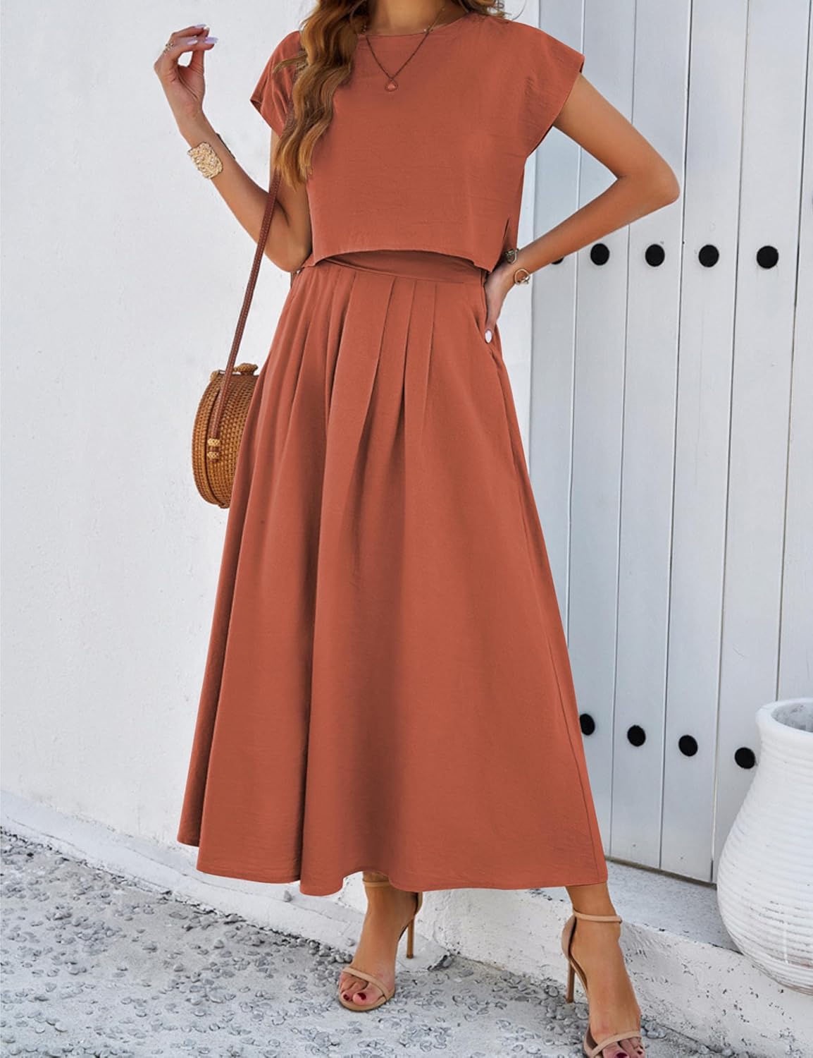 2025 Summer Skirt Sets Women 2 Piece Outfits Cap Sleeve Top Elastic Waist Maxi Dress Sets with Pockets