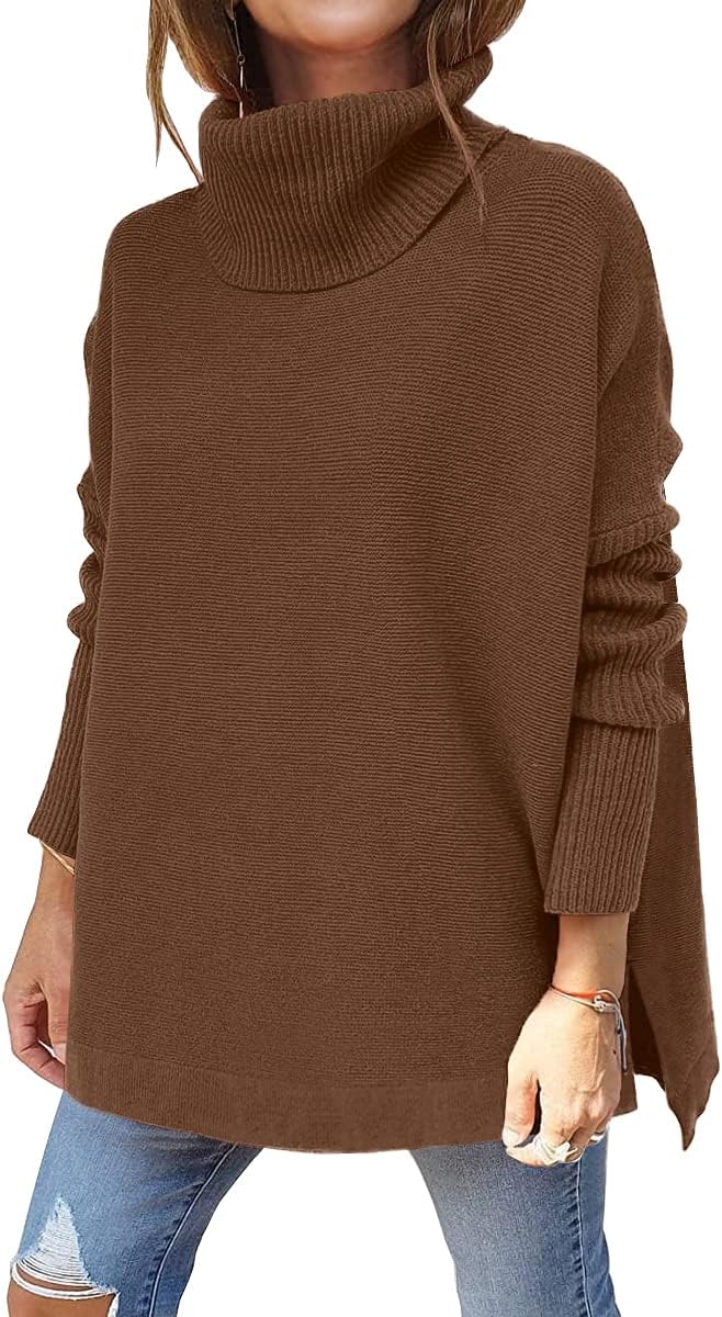 Women's Turtleneck Oversized Sweaters Long Batwing Sleeve Spilt Hem Tunic Pullover Knit Tops