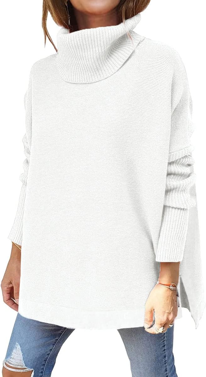 Women's Turtleneck Oversized Sweaters Long Batwing Sleeve Spilt Hem Tunic Pullover Knit Tops