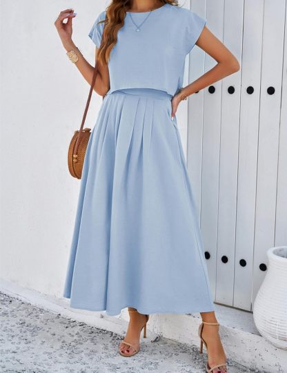 2025 Summer Skirt Sets Women 2 Piece Outfits Cap Sleeve Top Elastic Waist Maxi Dress Sets with Pockets