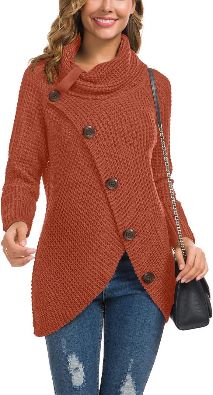 Women's Chunky Turtleneck Long Sleeve Asymmetric Hem Loose Knit Pullover Sweaters