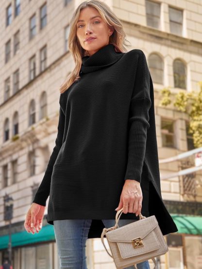 Women's Turtleneck Oversized Sweaters Long Batwing Sleeve Spilt Hem Tunic Pullover Knit Tops