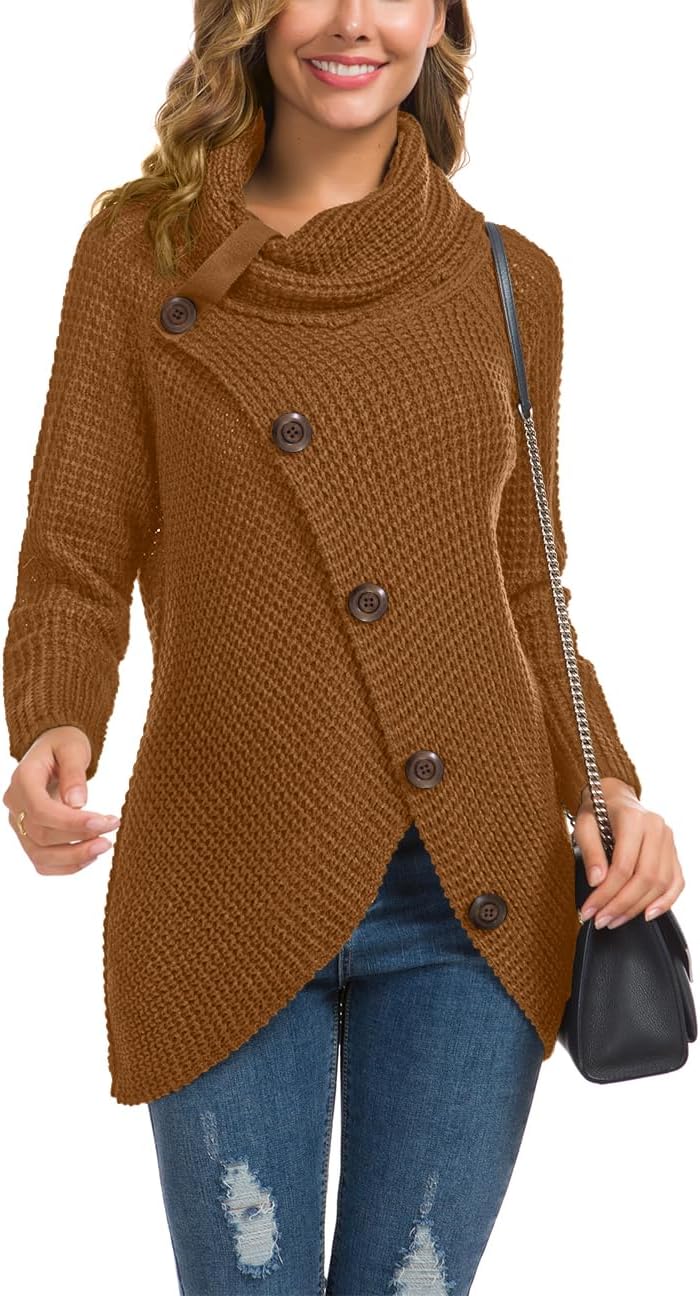 Women's Chunky Turtleneck Long Sleeve Asymmetric Hem Loose Knit Pullover Sweaters