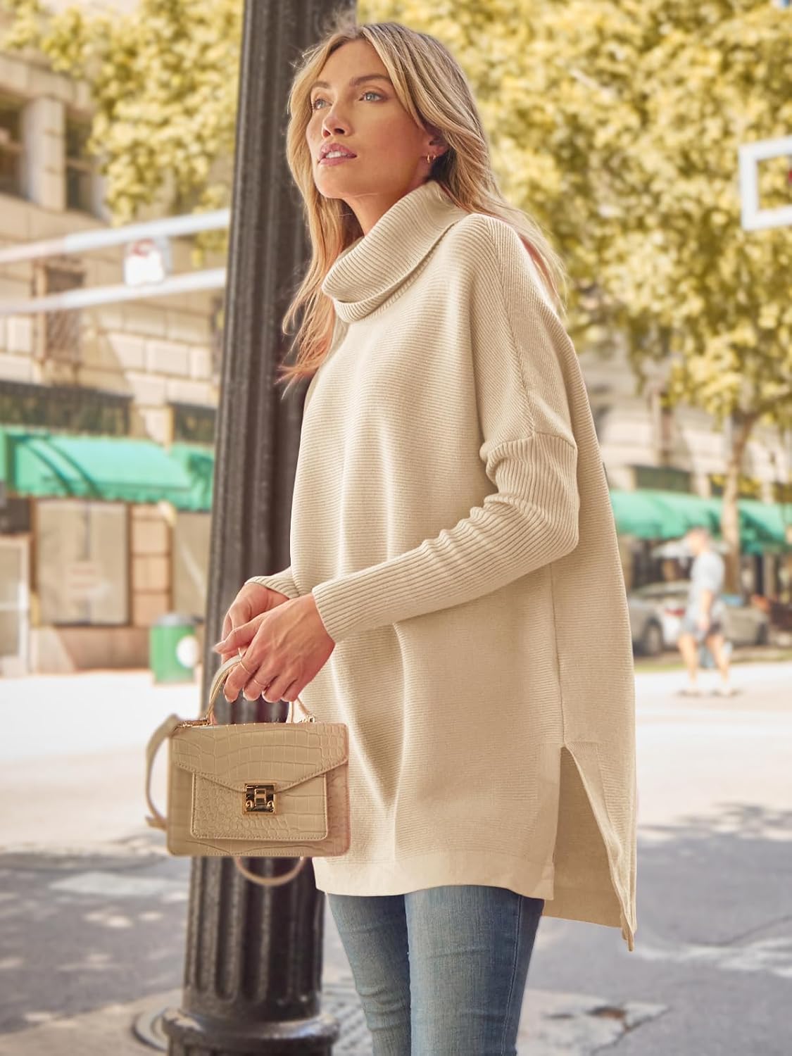 Women's Turtleneck Oversized Sweaters Long Batwing Sleeve Spilt Hem Tunic Pullover Knit Tops