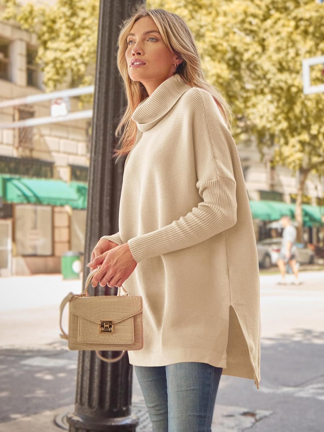 Women's Turtleneck Oversized Sweaters Long Batwing Sleeve Spilt Hem Tunic Pullover Knit Tops