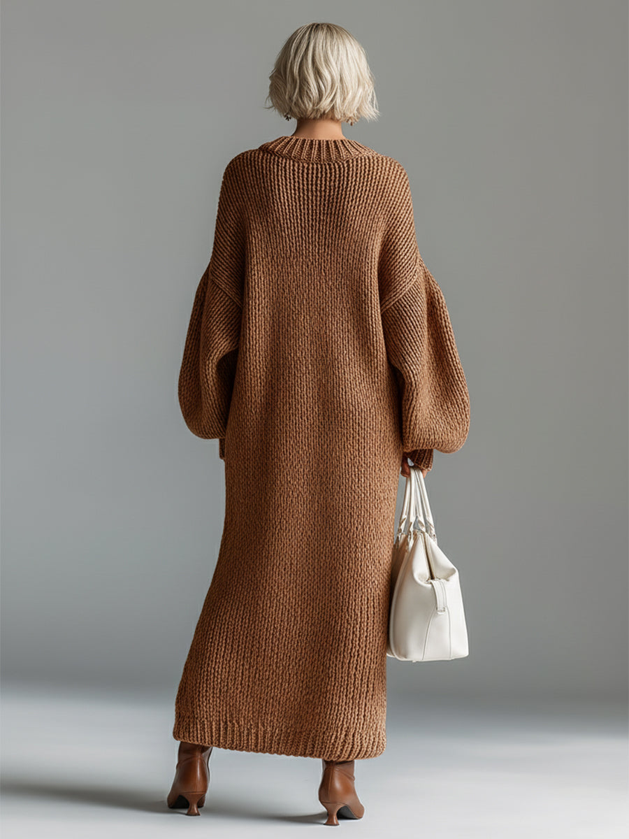 Elegant Urban Silhouette Round Neck Heathered Khaki Knitted Maxi Dress