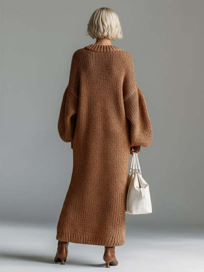 Elegant Urban Silhouette Round Neck Heathered Khaki Knitted Maxi Dress