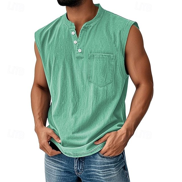 Men's Vintage Tank Top 100% Cotton Acid Wash Vest Top Undershirt Sleeveless Shirt Sleeveless Henley Summer Plain Fashion Designer Basic Pocket Buttons Vacation Street Black Top Tee for Men