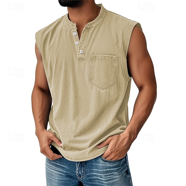 Men's Vintage Tank Top 100% Cotton Acid Wash Vest Top Undershirt Sleeveless Shirt Sleeveless Henley Summer Plain Fashion Designer Basic Pocket Buttons Vacation Street Black Top Tee for Men