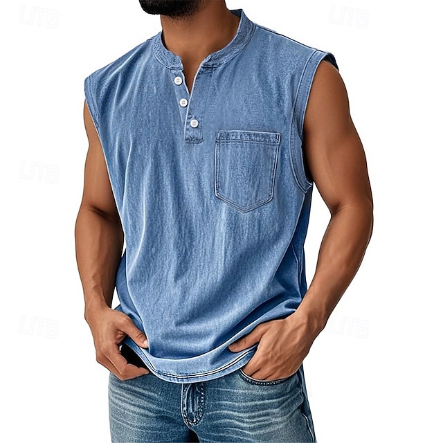 Men's Vintage Tank Top 100% Cotton Acid Wash Vest Top Undershirt Sleeveless Shirt Sleeveless Henley Summer Plain Fashion Designer Basic Pocket Buttons Vacation Street Black Top Tee for Men
